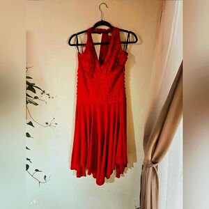 Frank Lyman Red Handkerchief Ruffle Halter Dress, Size 16